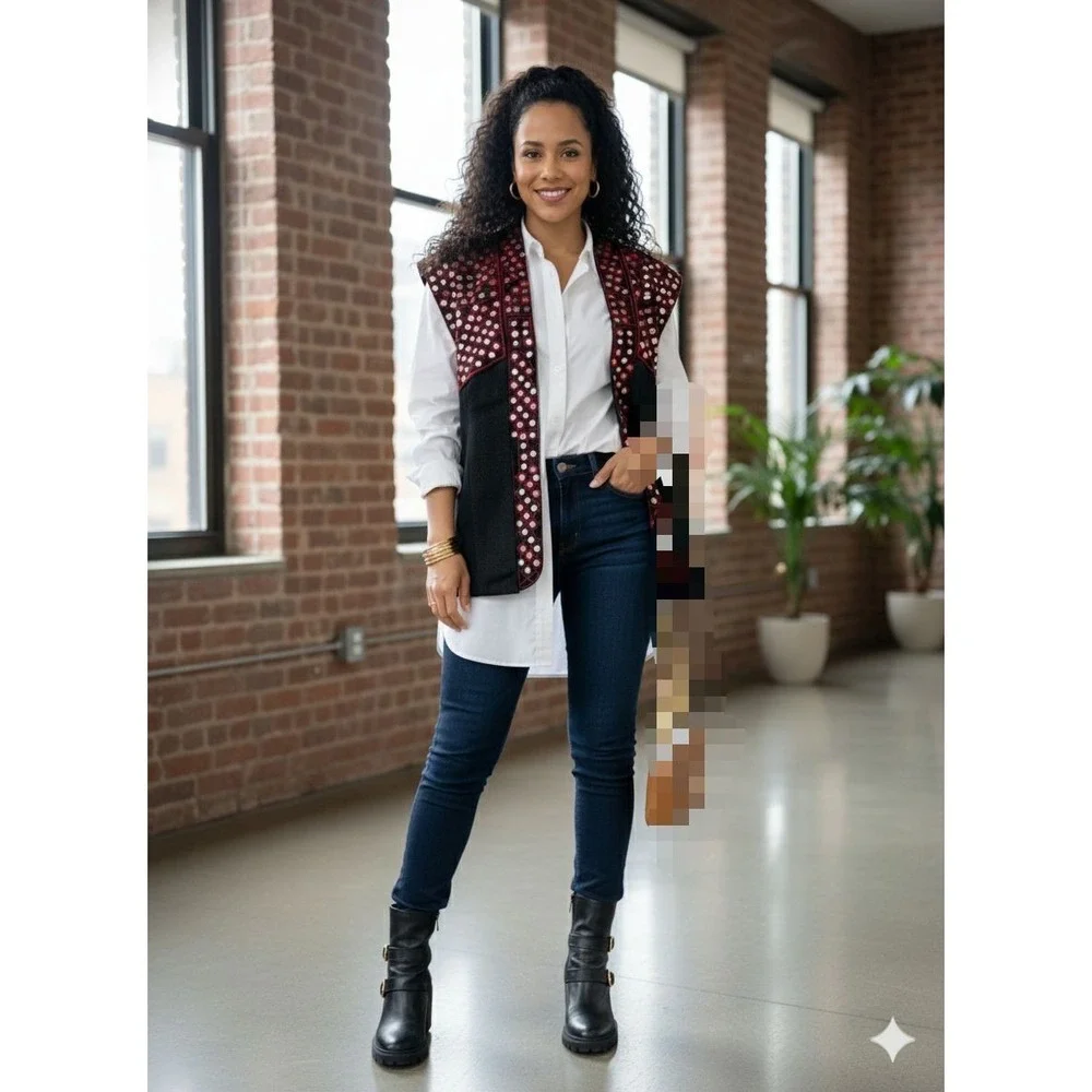 Sfera Casual Black Red Mirror Embroidered Open Front Vest Boho Large